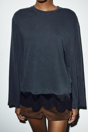 T-SHIRT BIMATIÈRE DENTELLE - Noir de Zara - Image 2