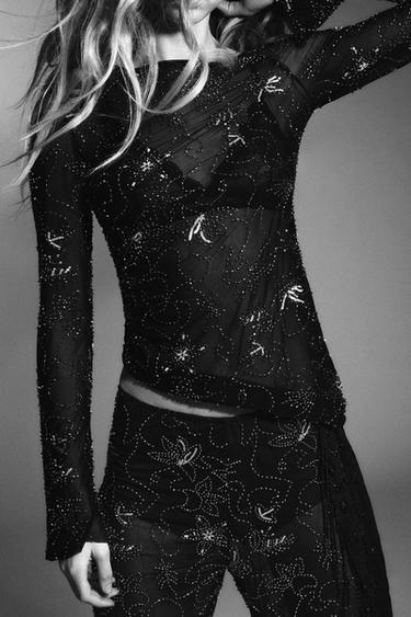 Zara DRAPED EMBROIDERED BEADED TULLE TOP - Black