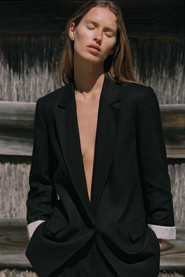 Zara Siyah - MANŞETLERİ DESENLİ KETEN BLAZER CEKET
