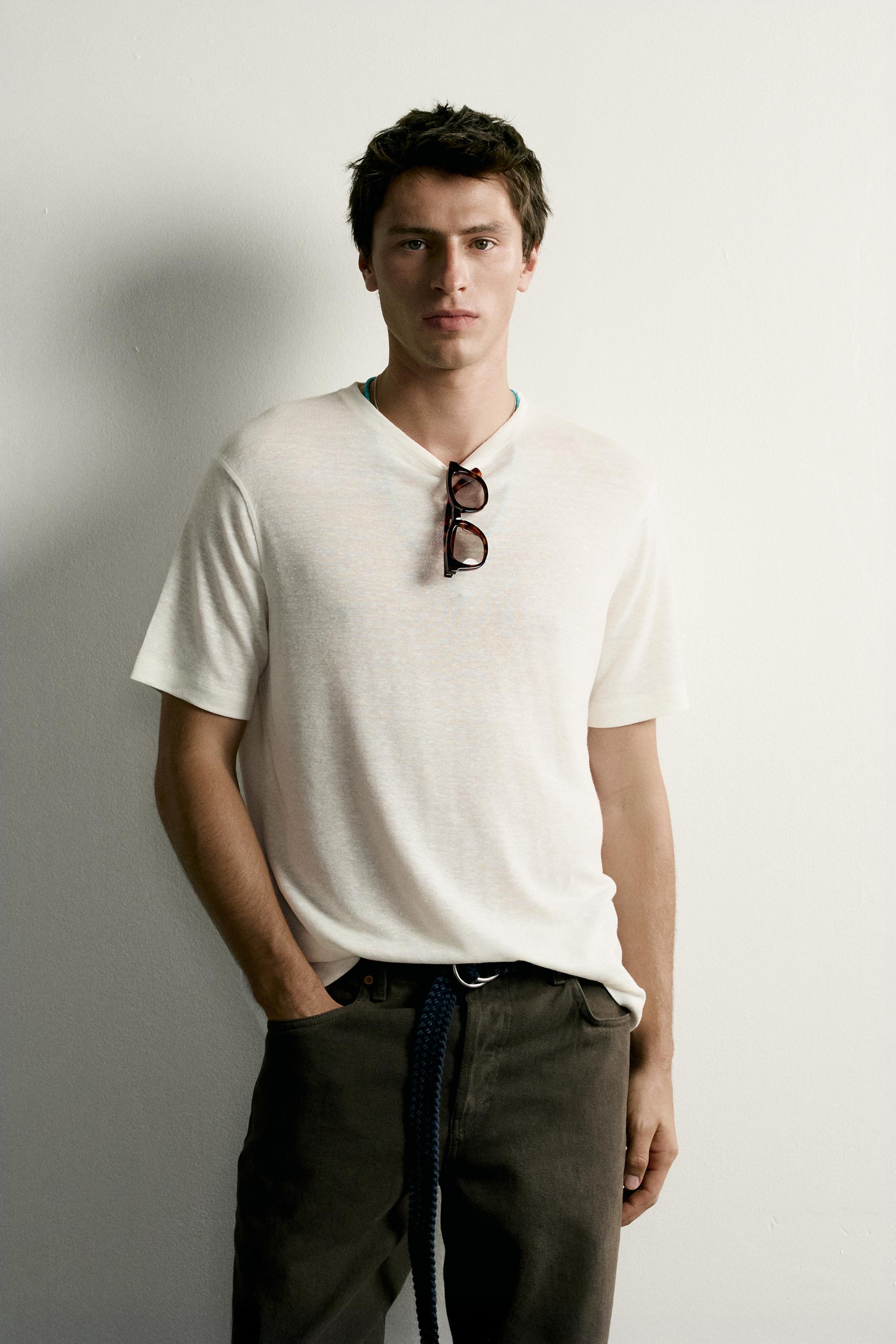 HEMP-VISCOSE REGULAR FIT T-SHIRT — Oyster-white