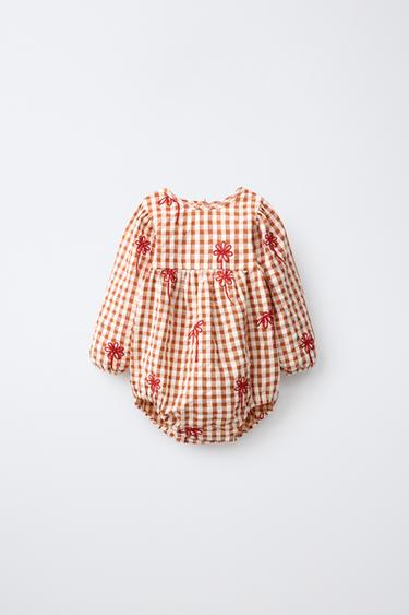 GINGHAM ROMPER WITH FLORAL EMBROIDERY - Brick by Zara