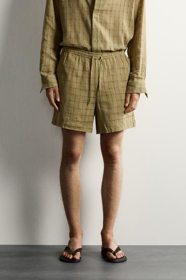 CHECK JACQUARD LINEN/COTTON BERMUDA SHORTS - Light khaki by Zara