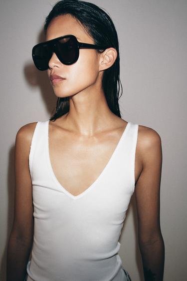 RIB V-NECK TOP - White by Zara