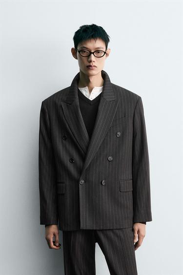 Zara DOUBLE BREASTED PINSTRIPE SUIT BLAZER - Black