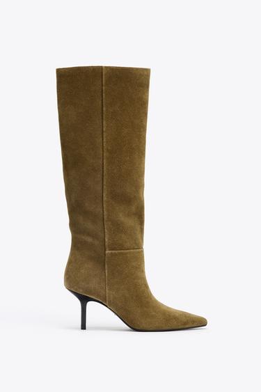 SPLIT SUEDE STILETTO HEEL BOOTS - Olive Green by Zara