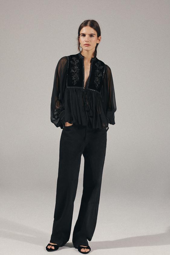 COMBINED VELVET SEQUIN BLOUSE - Black by Zara - Image 0