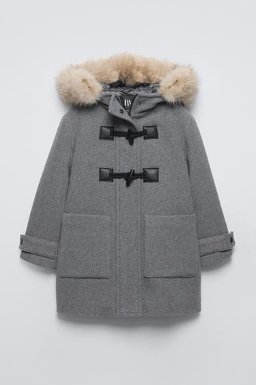 SHEEPSKIN EFFECT HOODED DUFFLE COAT - Mid-grey by Zara
