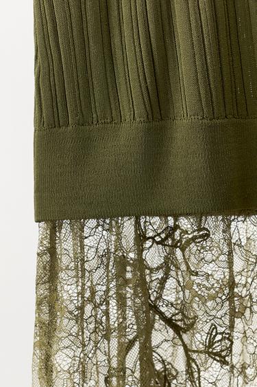 ROBE MI-LONGUE EN MAILLE ET DENTELLE - Vert de Zara - Image 6