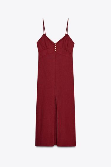 LINEN BLEND MIDI STRAPPY DRESS - Burgundy by Zara - Image 9