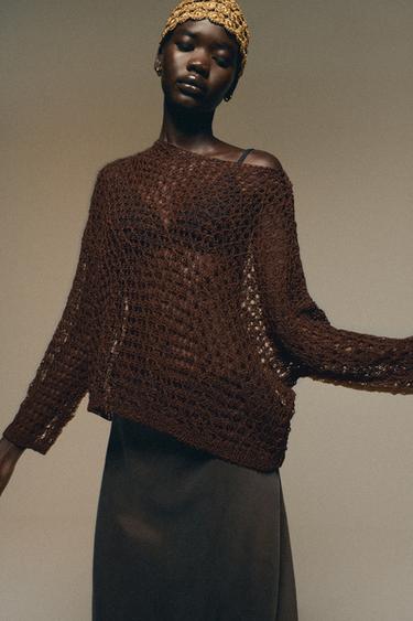 Zara OPENWORK KNIT SWEATER - Brown