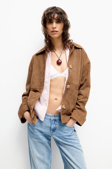 CAZADORA PIEL BOLSILLOS - Marrón de Zara