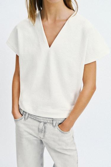 RUSTIC V-NECK T-SHIRT - Oyster-white by Zara