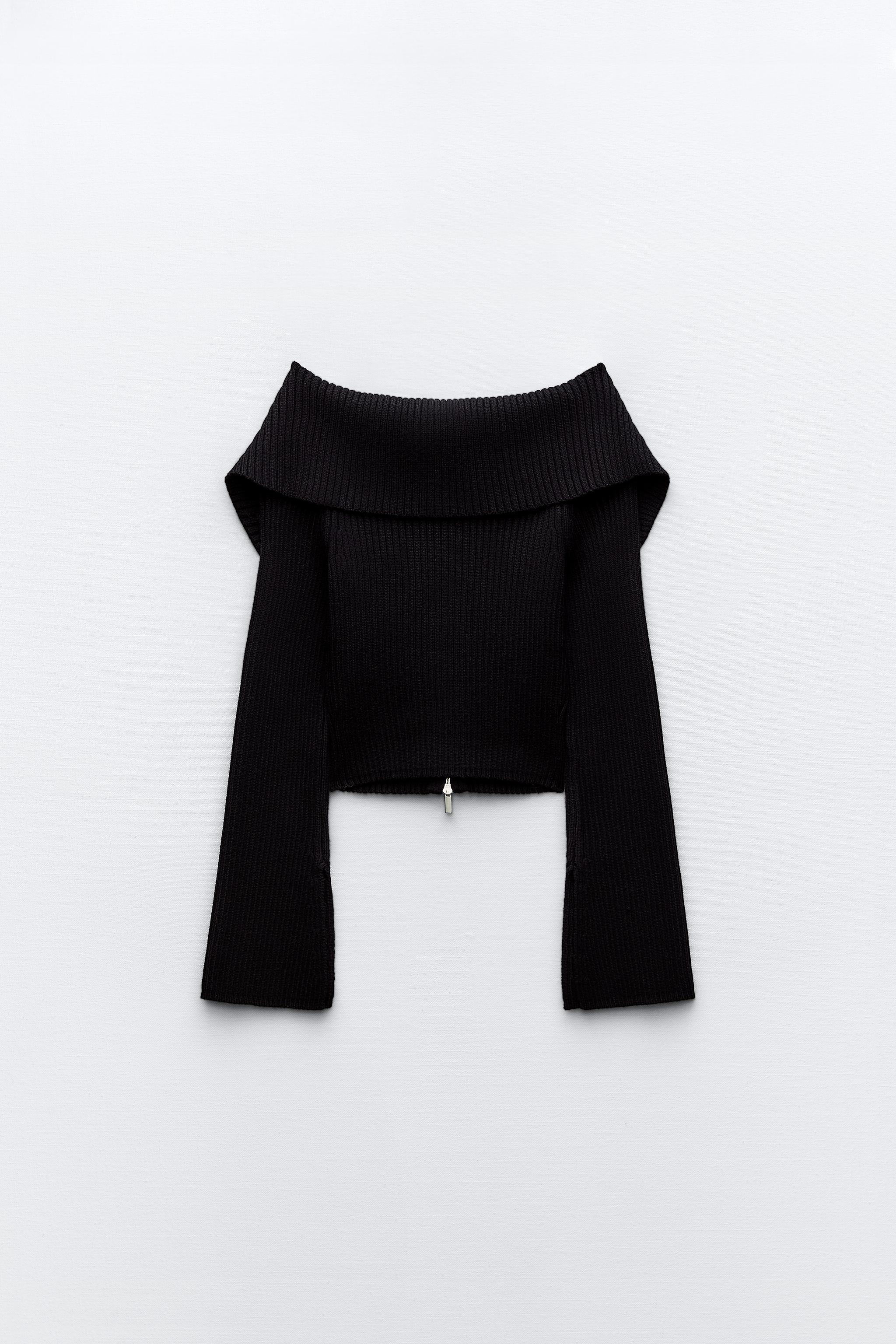 RIBBED KNIT ZIP CARDIGAN - Black