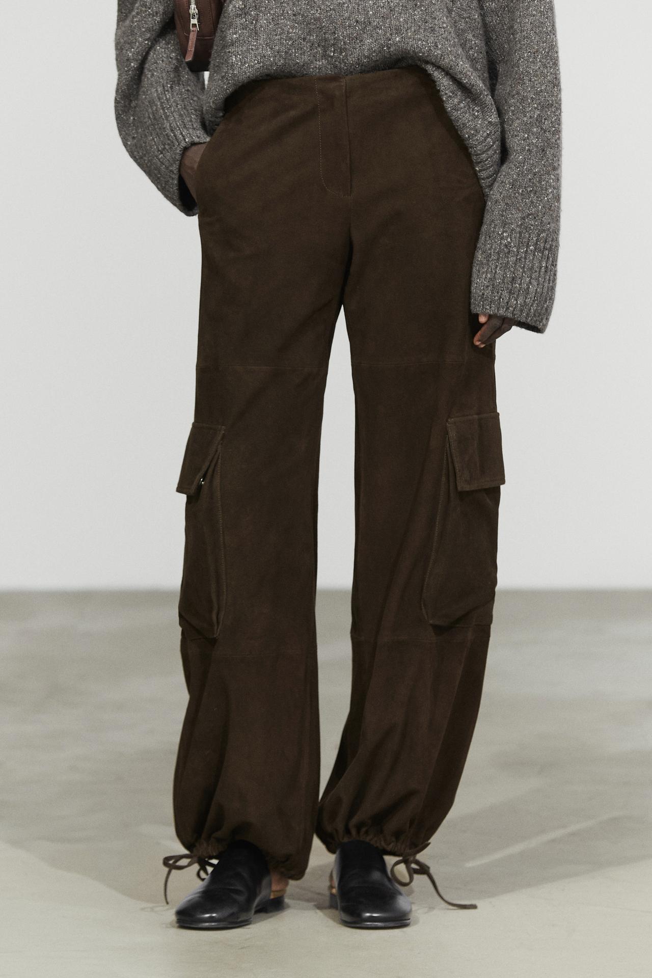 Cargo pants with Suede leather hem detail — Chocolate