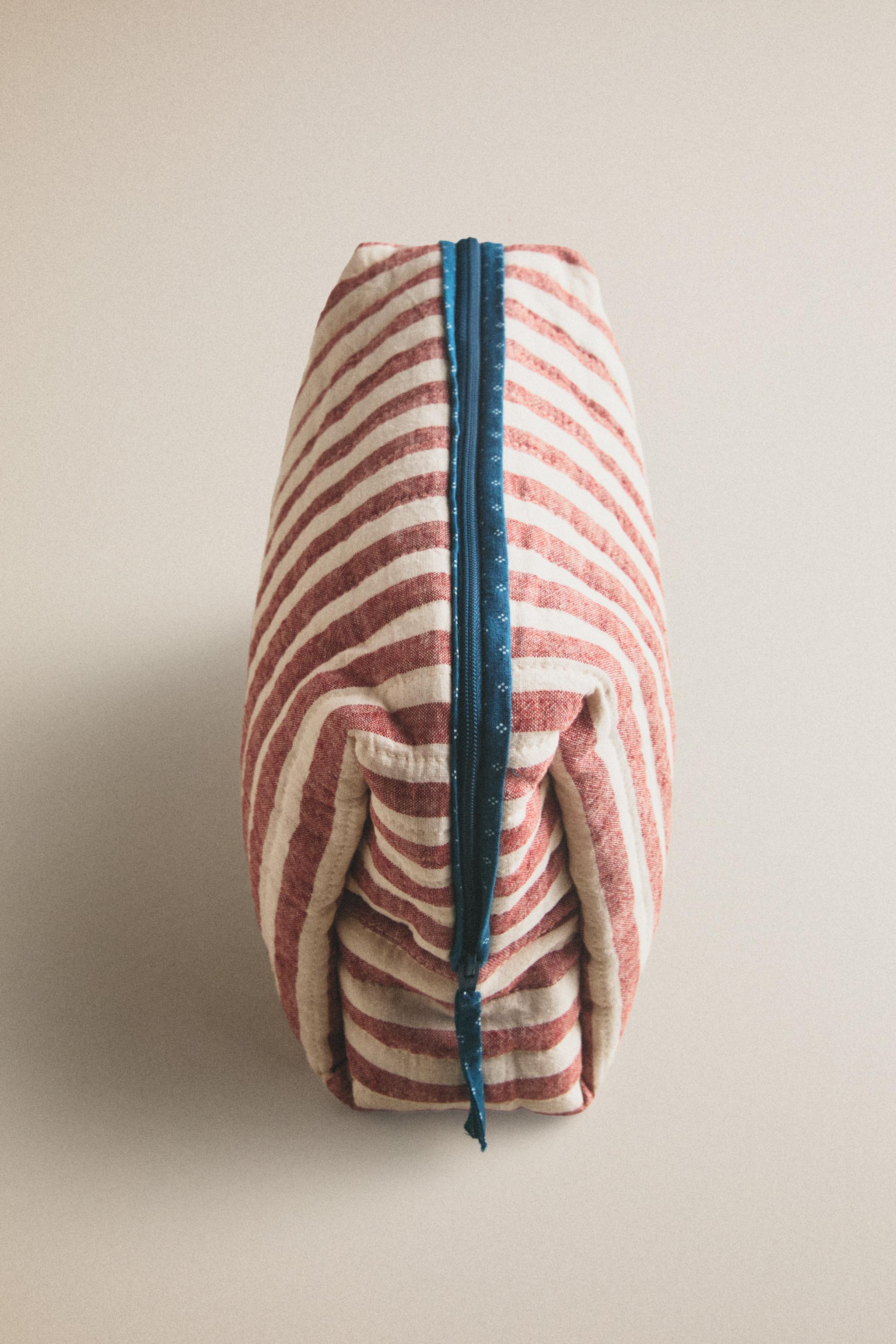 KIDS' LINEN AND COTTON STRIPED MAKEUP BAG — Brick