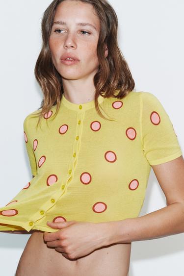 GILET JACQUARD EN MAILLE MANCHES COURTES - Jaune de Zara - Image 1