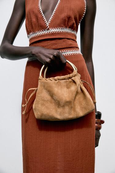 SPLIT SUEDE MINI BOWLING BAG WITH METAL HANDLE - SAND/BROWN by Zara