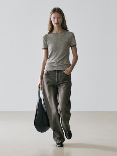 Zara Wool blend T-shirt with lace detail - Gray marl - Image 0