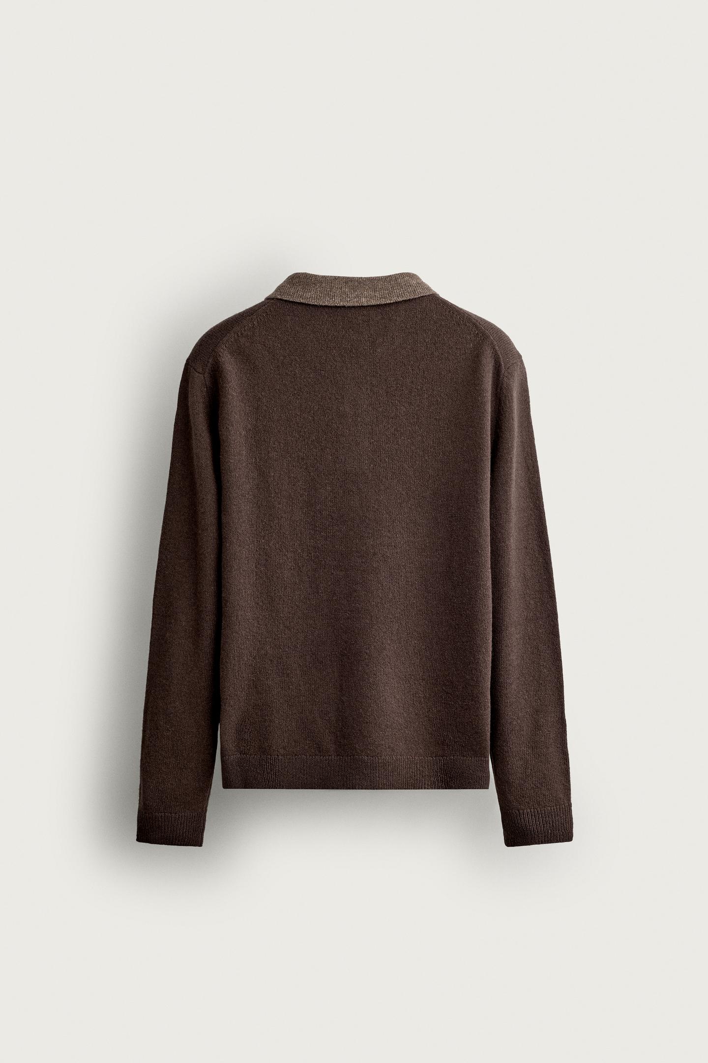 Мужское поло Zara 100% Wool Contrast Knit Polo, цвет: Коричневый — фото 8