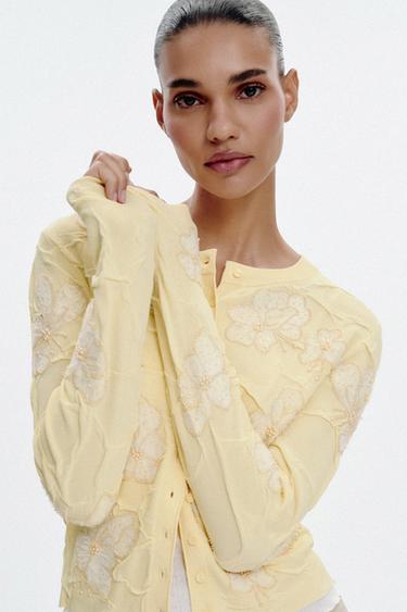 Zara BEADED KNIT CARDIGAN - Light yellow