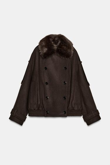 WOOL BLEND JACKET WITH FAUX FUR COLLAR ZW COLLECTION - Brown by Zara