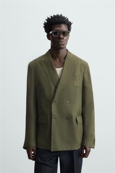 Zara 100% LINEN SUIT BLAZER - Khaki