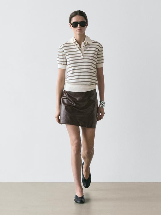 Striped short-sleeve knit polo shirt