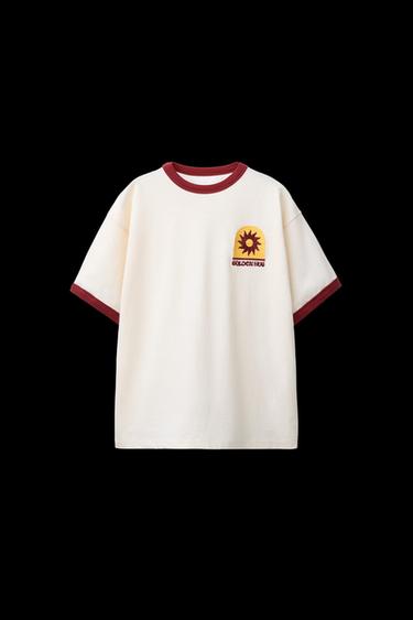 Zara CONTRAST EMBROIDERED T-SHIRT - Ecru - Image 0