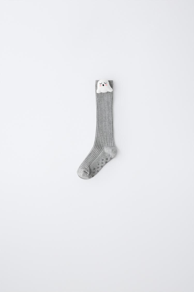 RIBBED KNEE-HIGH SOCKS WITH PATCH — Gray marl