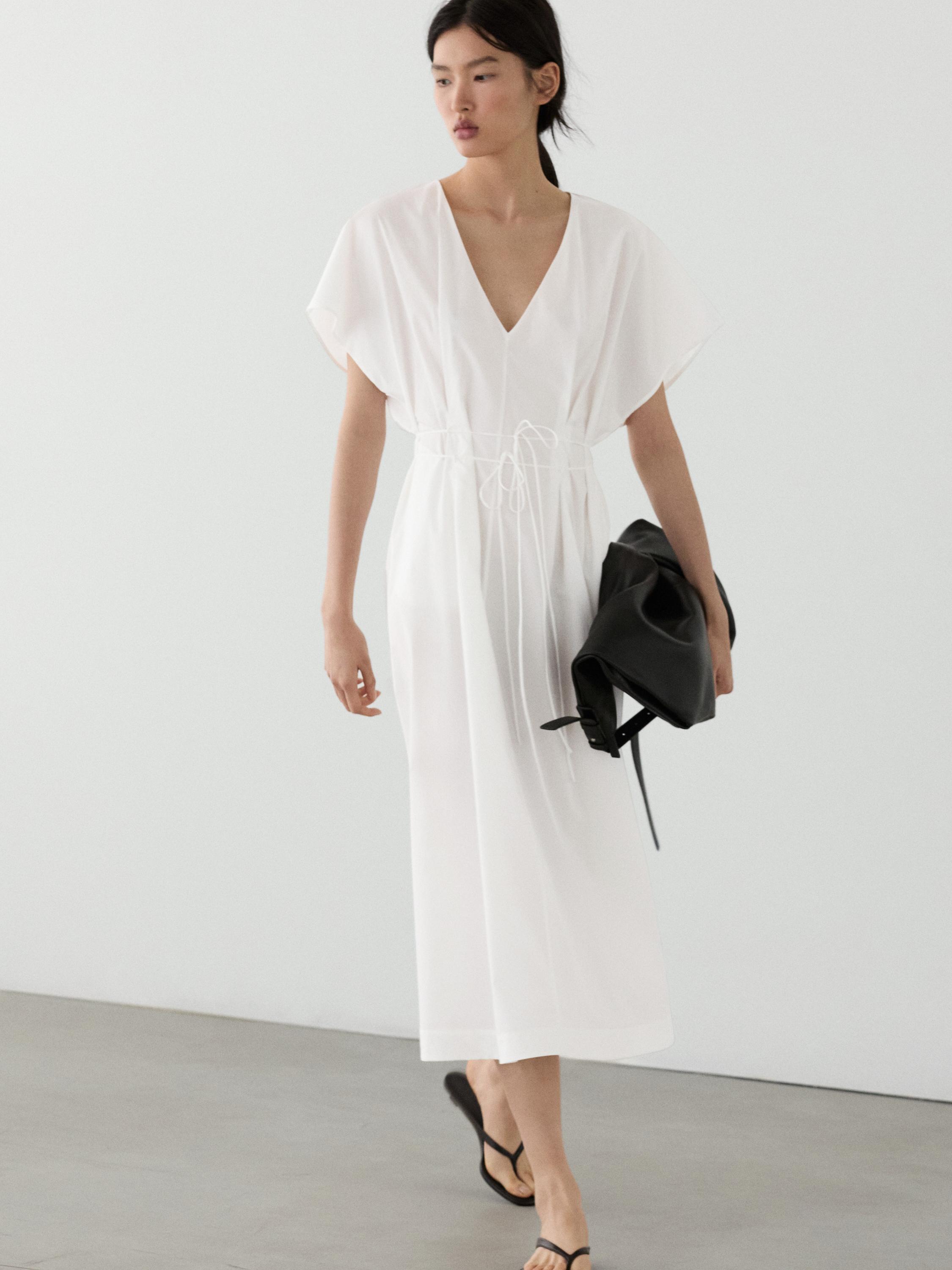 Poplin flounce midi dress — White
