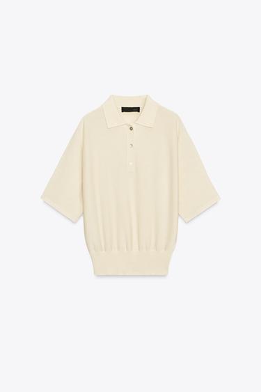 SHORT SLEEVE KNITTED POLO TOP - Ecru by Zara - Image 3