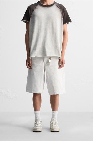 Zara 蠟質效果寬鬆版牛仔短褲 - 白色