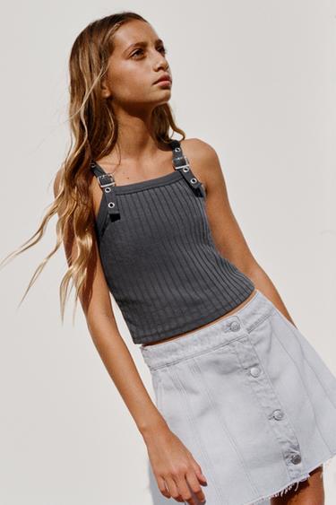 Zara SEAM DETAIL FRAYED DENIM SKIRT - Pearl gray