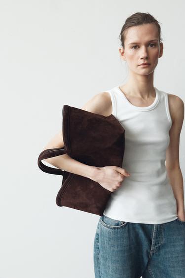 ELONGATED SUEDE TOTE BAG - Chocolate by Zara - Image 0