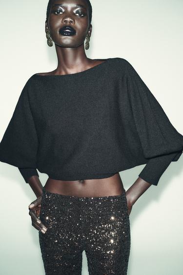 Zara SHORT PUFF SLEEVE KNIT JUMPER - Black