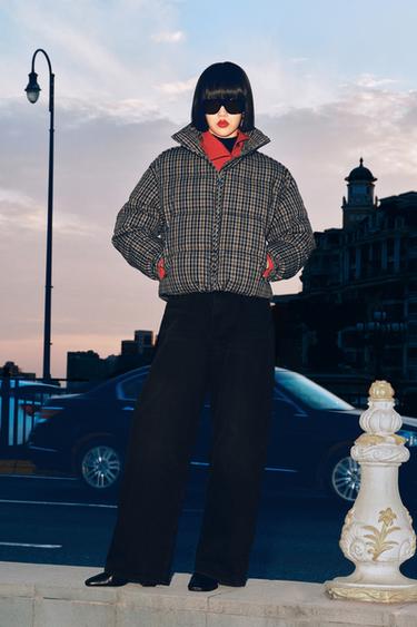 Zara 格紋絎縫連帽外套 - 棕色