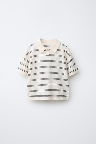 Zara KNIT COTTON LINEN POLO SHIRT - Ecru / Brown