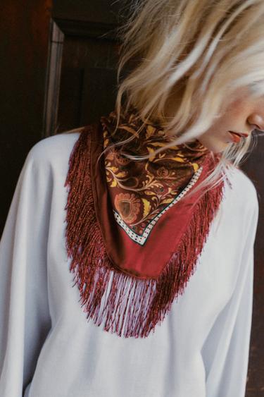 FLORAL PRINT SILK BLEND FRINGED SCARF — Red 1