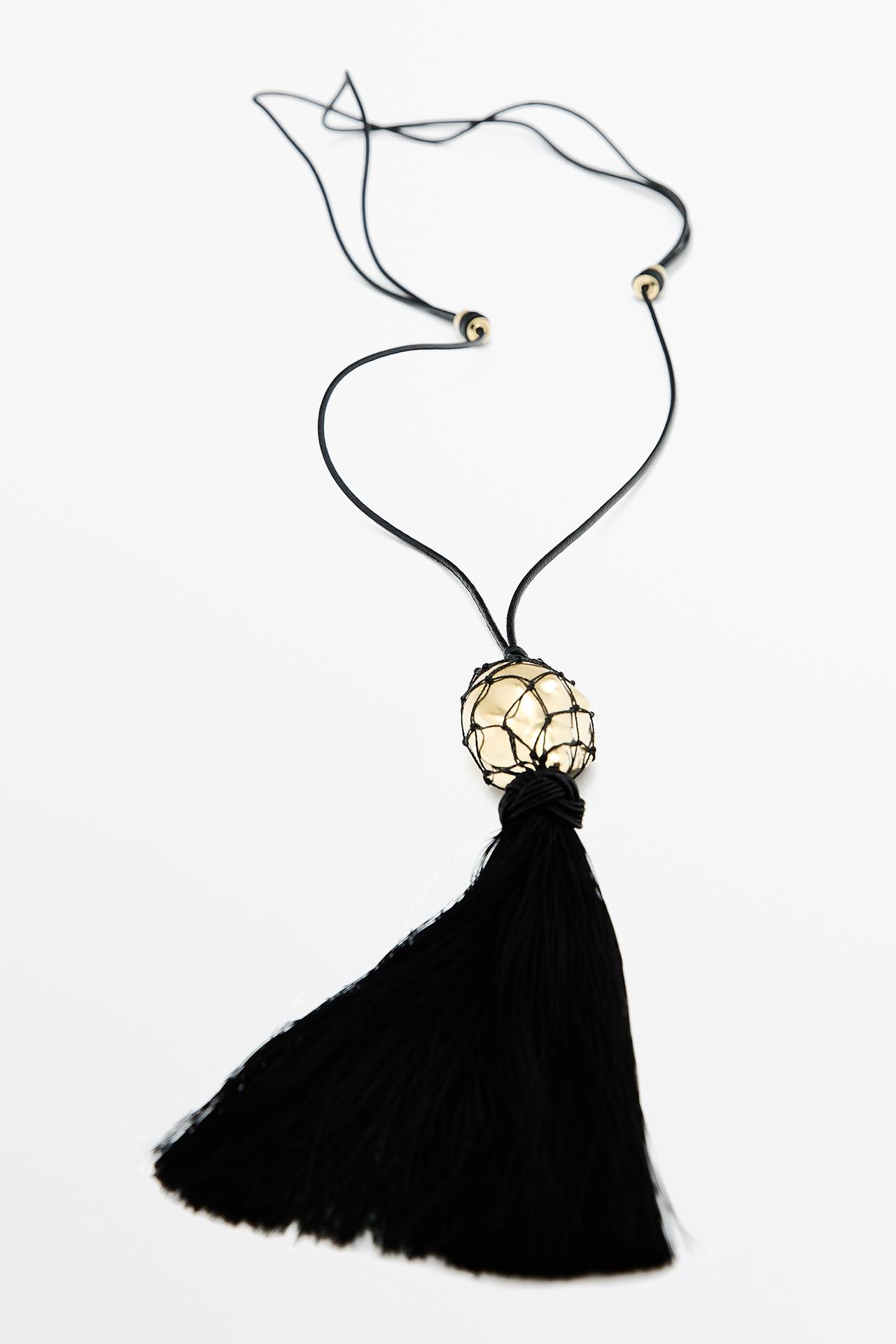 Long leather cord necklace with shell and tassel — Golden