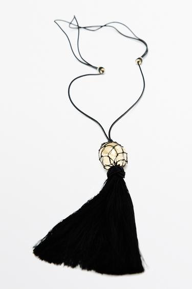 Long leather cord necklace with shell and tassel — Golden 2