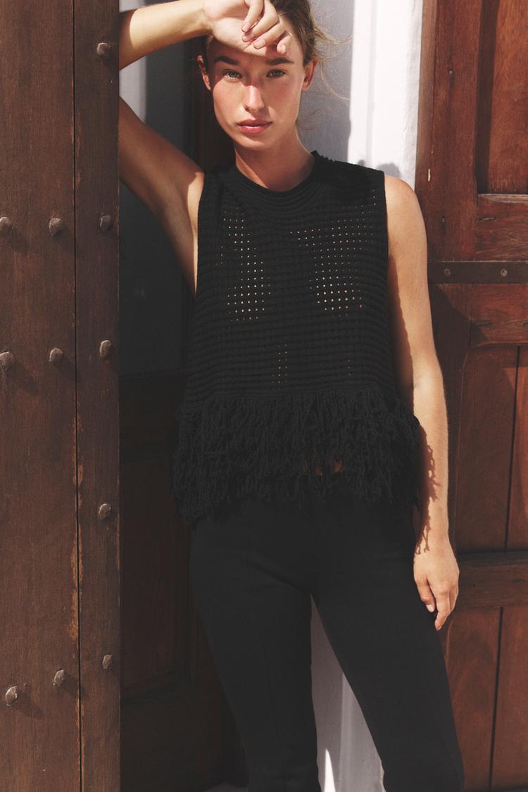 CHECK KNIT TOP WITH FRINGING Black ZARA Hungary Magyarország
