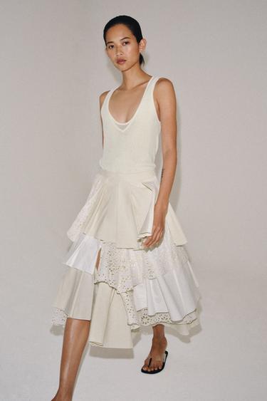 تنورة ميدي مرقعة ZW COLLECTION إصدار محدود - أبيض مكسور الخاص بـ Zara