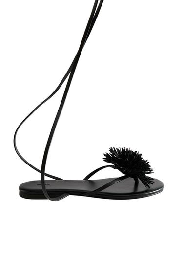 Zara FLORAL LEATHER SANDALS - Black