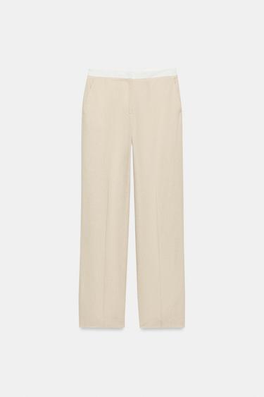 STRAIGHT-LEG LINEN BLEND TROUSERS WITH CONTRAST WAIST - Light beige by Zara - Image 6