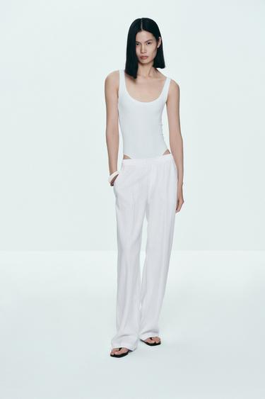Zara 亞麻混紡直筒長褲 - 磨白色