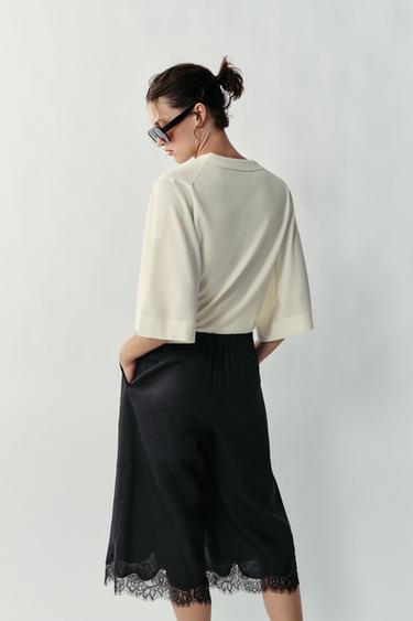 BERMUDA LONG EN LIN ET DENTELLE - Noir de Zara - Image 5