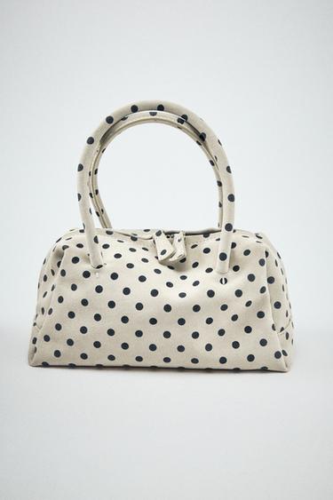 Zara PRINTED SPLIT LEATHER BOWLING BAG - Ecru