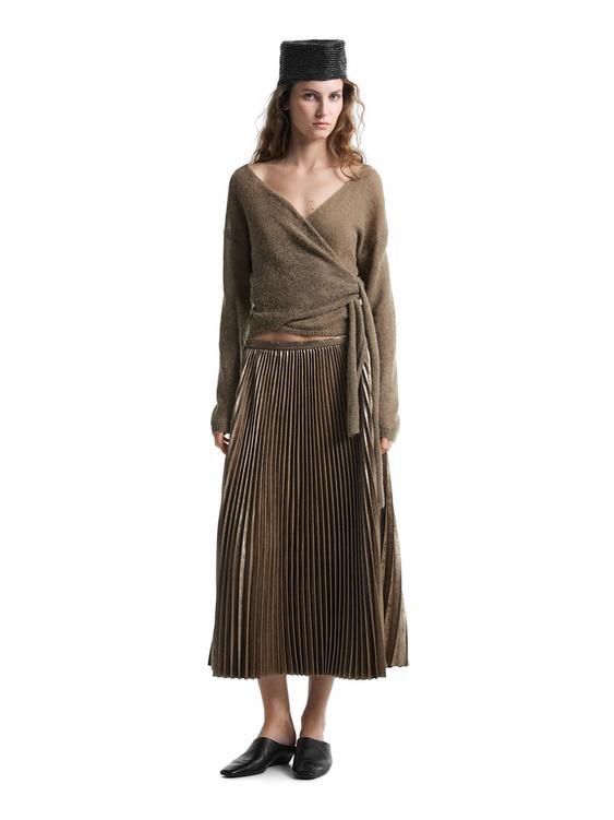 Alpaca blend crossover knit cardigan with tie