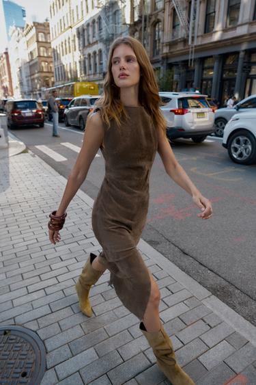 100% LEATHER MIDI DRESS - Khaki by Zara
