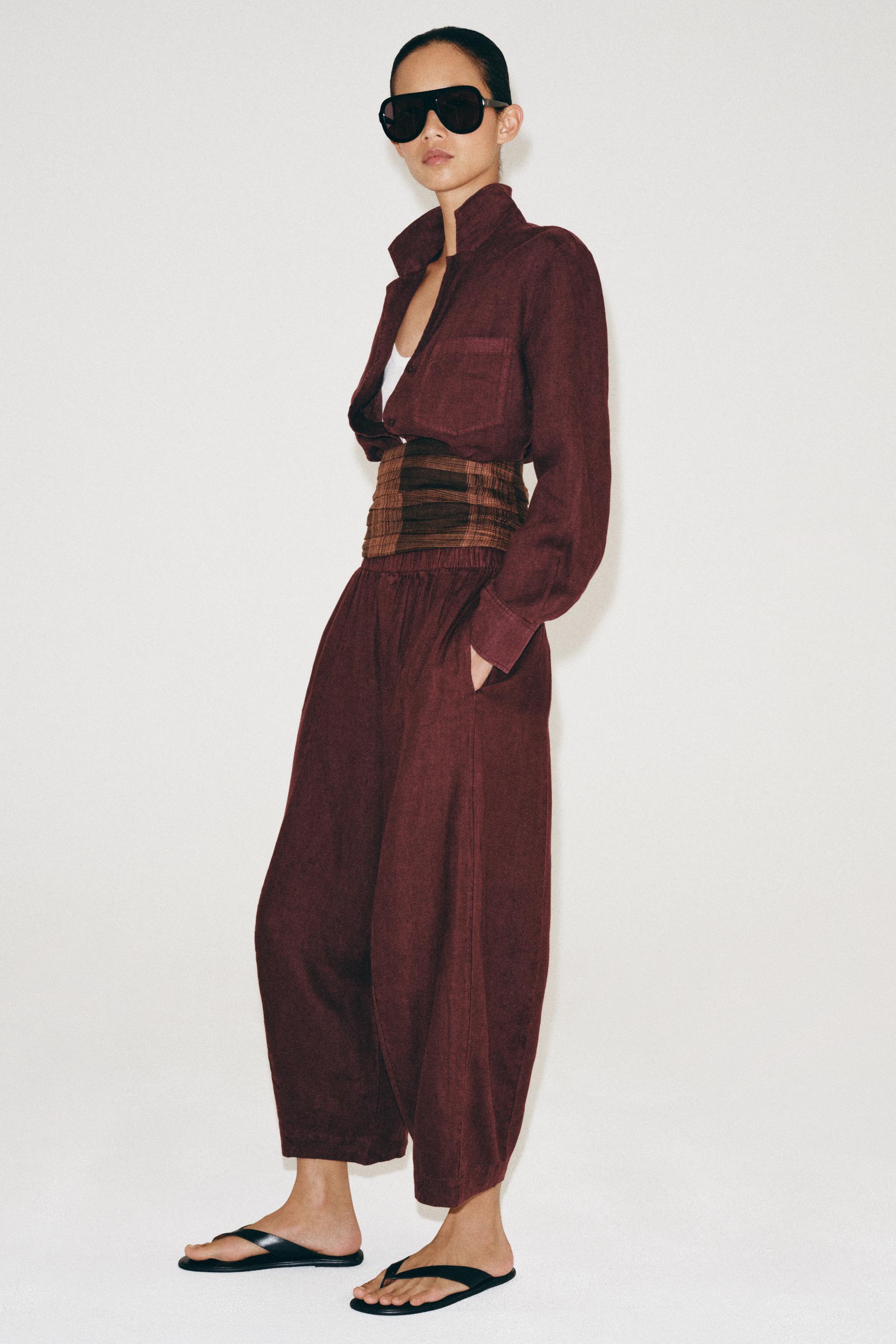 100% LINEN BARREL PANTS ZW COLLECTION — Wine